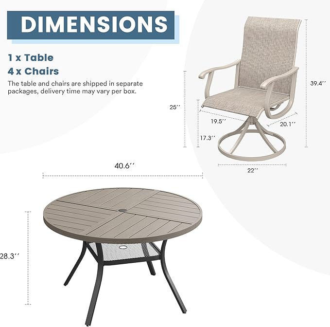 DIFY 5 Pieces Outdoor Patio Dining Set, 4 Sandshell Textilene Swivel Dining Chairs and 40.6" Grey Wood-Like Round Metal Dining Table, Outdoor Table and Chairs