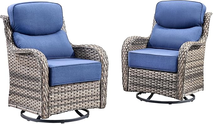 HUMMUH Outdoor Patio Wicker Swivel Rocker Chairs Set of 2 with 6-Inch Thick Cushion High Back Wicker Conversation Set for Porch Balcony Deck