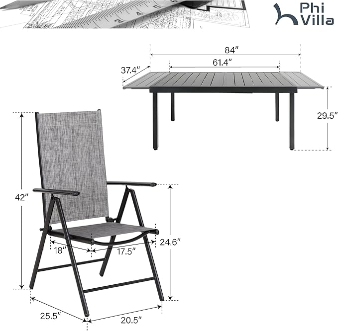 PHI VILLA 9 Piece Outdoor Dining Set, All Weather Furniture Patio Table and Chairs for 8 with Adjustable Lightweight Patio Folding Dining Chairs (Grey) & Extendable Metal Table for Garden, Yard