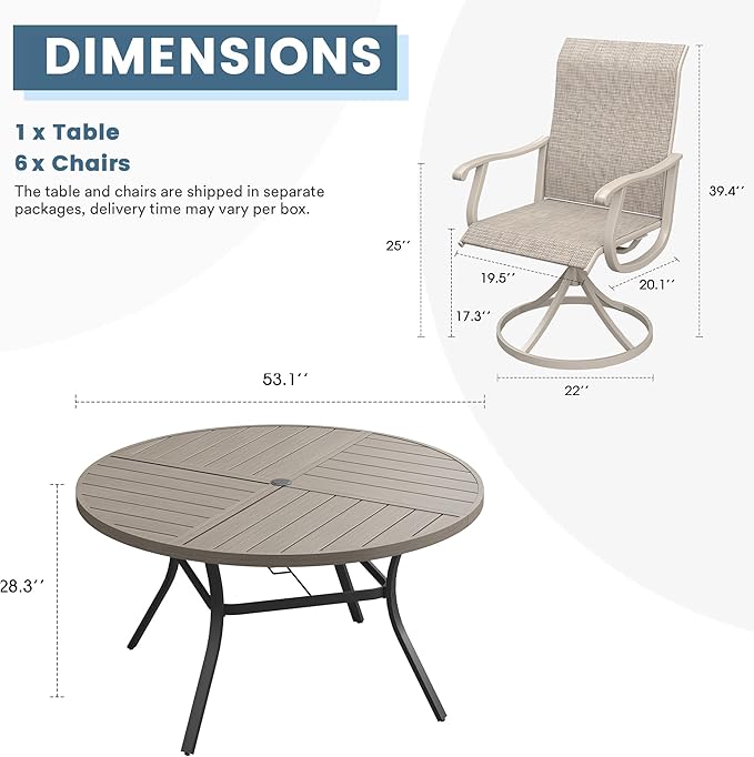 DIFY 7 Pieces Outdoor Patio Dining Set, 6 Sandshell Textilene Swivel Dining Chairs and 53.1" Grey Wood-Like Round Metal Dining Table, Outdoor Table and Chairs