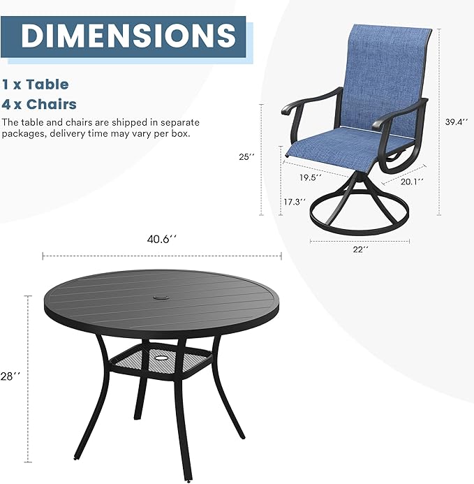 DIFY 5 Pieces Outdoor Patio Dining Set, 4 Blue Textilene Swivel Dining Chairs and 40.6" Black Round Dining Table, Metal Outdoor Table and Chairs