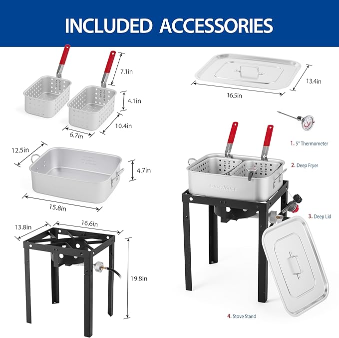 58,000 BTU Outdoor Fish Fryer with Baskets and Lid, 18 Qt. Propane Deep Fryer and 2 Inner Baskets, Ideal for Frying Fish, Chicken Wings, French Fries