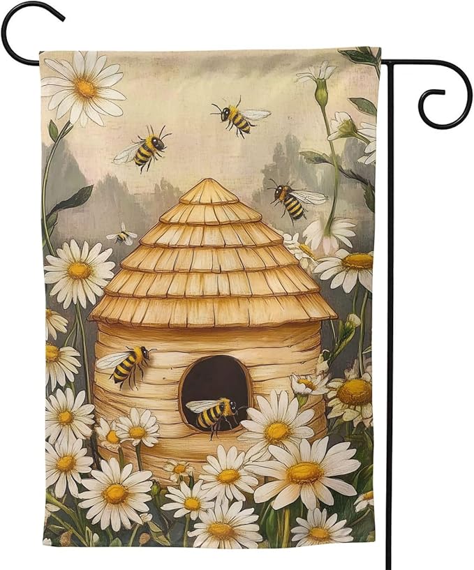 Bee Flower Garden Flag Vertical Double Sided Outdoor Yard Flags 12.5x18 Inch Burlap Banners for House Lawn