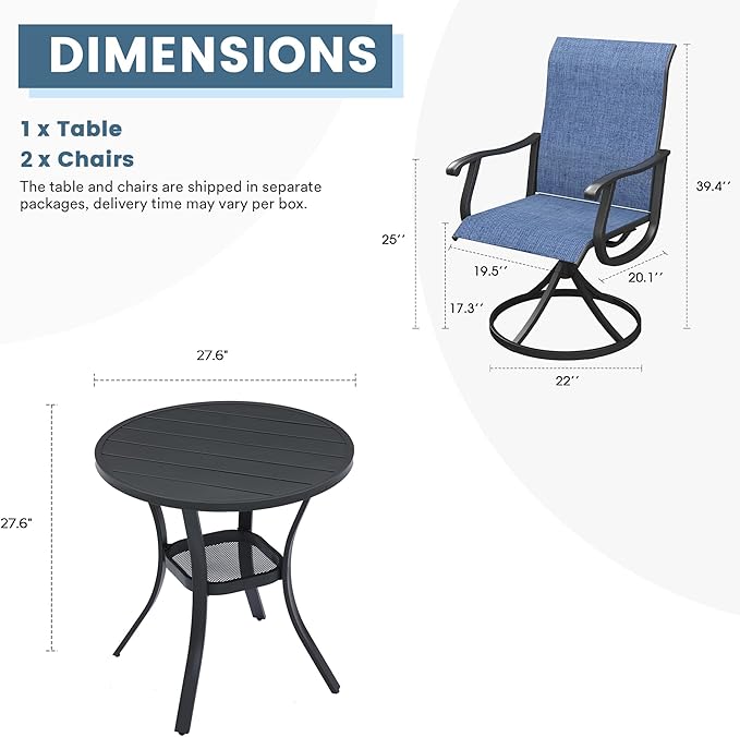DIFY 3 Pieces Outdoor Patio Bistro Dining Set, 2 Blue Textilene Swivel Dining Chairs and 27.6" Black Small Round Dining Table, Outdoor Table and Chairs