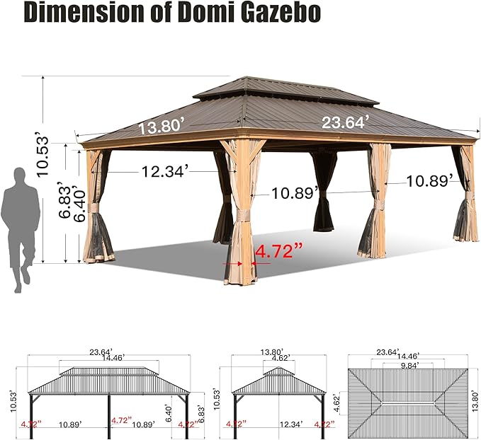 Domi 14'x24' Hardtop Gazebo Canopy,Outdoor Aluminum Gazebo with Galvanized Steel Double Roof, Extra Large Permanent Gazebo Pavilion for Patio Deck Backyard,Curtain and Netting,Wood Grain