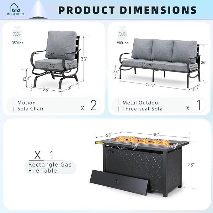 MFSTUDIO 4 Piece Patio Conversation Sets, All Weather Metal Frame Outdoor Furniture Set Patio Sofas with 1 x 45 Rectangular Fire Pit Table, 1 x 3-Seat Sofa, 2 x Rocking Chairs, Grey Cushion