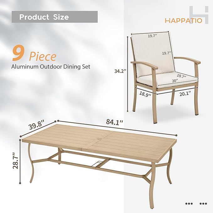 HAPPATIO Aluminum 9 Piece Patio Dining Set - Aluminum Outdoor Dining Set for 8, Patio Dining Table and Chairs Set, Patio Furniture with Table and Chairs (Beige)