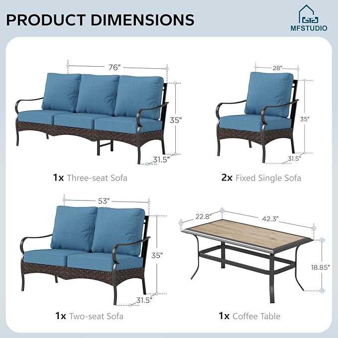 MFSTUDIO 5 PCS Outdoor Patio Furniture Set, Metal Outdoor Conversation Set, Rattan Wicker Patio Sectional Sofa Set with 2 x Fixed Single Sofa, 2-Seat and 3-Seat Sofa, 1 x Coffee Table, Navy Blue