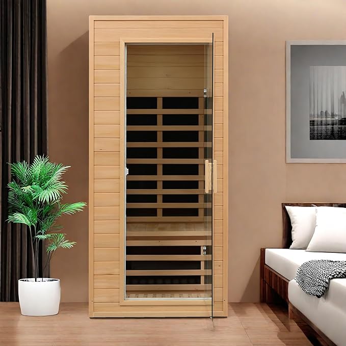 Infrared Sauna for Home Single Person Hemlock Far Infrared Roof Embedded Indoor Sauna for Home with Bluetooth & LED, Natural