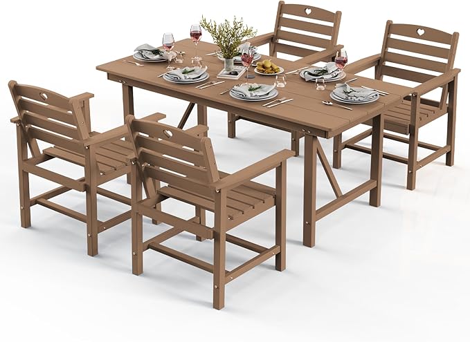 Patio Table and Chairs Set with Umbrella Hole, HDPE Patio Dining Set for 4, Outdoor Dining Set for Lawn, Patio, Porch, Deck, Poolside, Yard (Teak, 5-Piece)