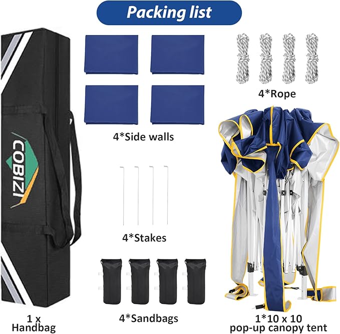 COBIZI 10x10 Pop Up Canopy Tent with 4 Removable Sidewalls, One Person Setup, Outdoor Event Commercial Canopy, UV Protection 50+, 3 Adjustable Heights, Carry Bag, Sandbag, Stakes & Ropes, Navy Blue