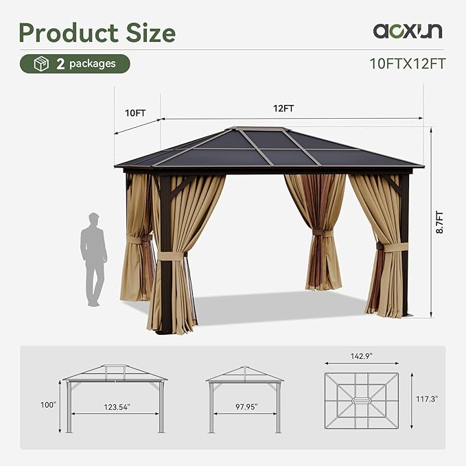 Aoxun 10' x 12' Gazebo Single Polycarbonate Top, Outdoor Aluminum Frame Permanent Gazebo with Curtains and Netting, for Patio, Party, Backyard, Garden and Lawn