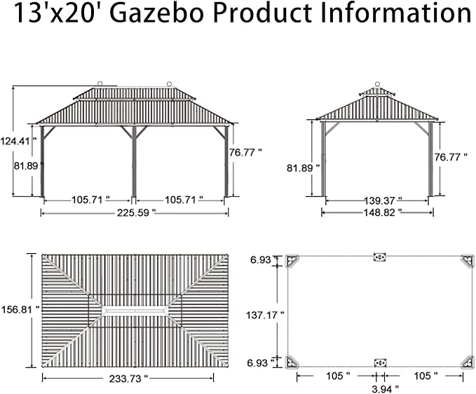 PURPLE LEAF 13' X 20' Outdoor Hardtop Gazebo Patio Wide Aluminum Frame Galvanized Steel Double Roof with Heavy Duty Netting and Curtains for Permanent Hard Top Pavilion Screen,Khaki