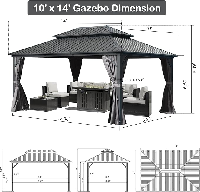 Domi Hardtop Gazebo 10x14FT, Aluminum Outdoor Gazebo with Galvanized Steel Double Roof Canopy, Curtains and Netting Included, Metal Gazebo Permanent Pavilion for Patio, Lawn, Garden, Gray