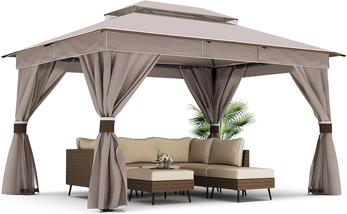 LAUSAINT HOME Outdoor Patio Gazebo 10'x13' with Expansion Bolts, Heavy Duty Party Tent & Shelter with Double Roofs, Mosquito Nettings and Privacy Screens for Backyard, Garden, Lawn