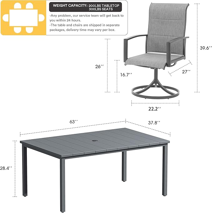 VICLLAX 7 Pieces Patio Dining Set, 6 Seats Outdoor Furniture Includes 63" Rectangle Outdoor Table and 6 Swivel Patio Chairs, Grey Tabletop and Fabric