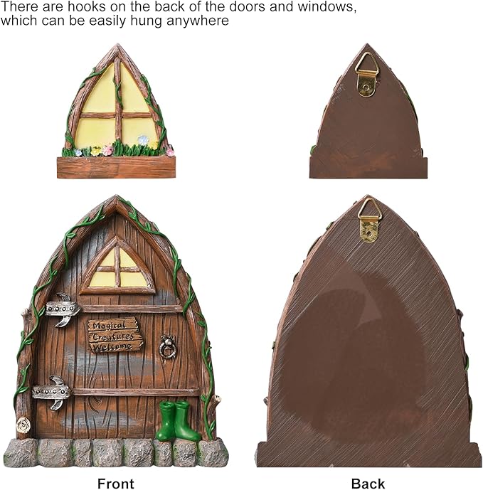 Resin Fairy Door and Window for Trees,Glow in The Dark,Miniature Fairy Garden Accessories,Garden Outdoor Decor for Trees,Gnomes House,Elf House