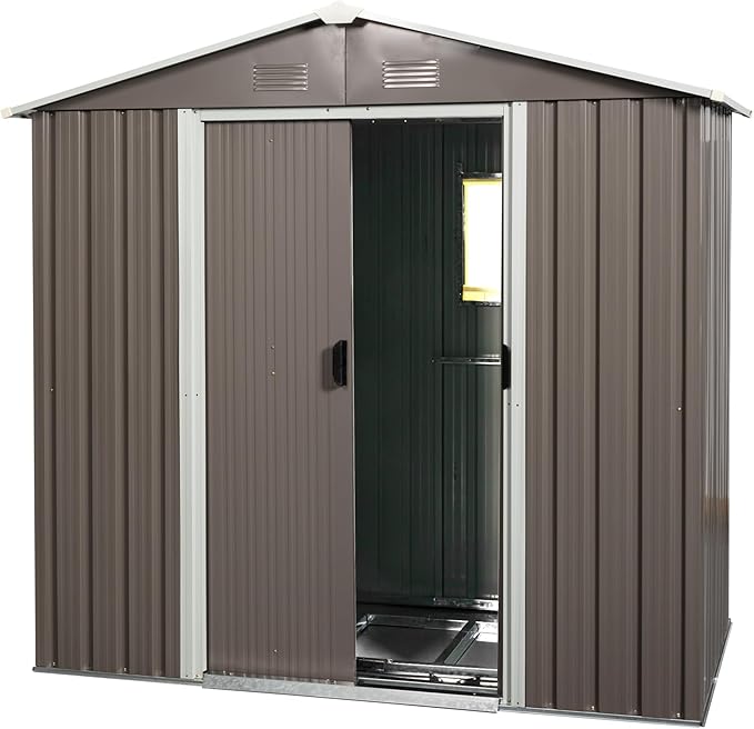 8x4 ft Outdoor Metal Storage Shed with Floor Foundation and Window, Lockable Galvanized Steel Tool Shed with Sliding Door and Air Vent, Waterproof Garden Storage House for Backyard, Patio