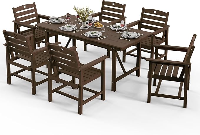 Patio Table and Chairs Set with Umbrella Hole, HDPE Patio Dining Set for 6, Outdoor Dining Set for Lawn, Patio, Porch, Deck, Poolside, Yard (Mahogany, 7-Piece)