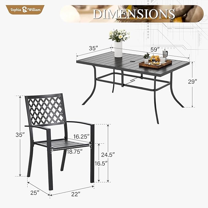 Sophia & William Patio Table and Chairs Set, Outdoor Dining Set for 6, 7 Piece Metal Patio Furniture, 60" Black Rectangular Table(Diamond)