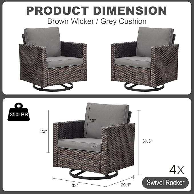 Luxury Outdoor Swivel Patio Chairs Set of 4, Wicker Swivel Outdoor Chairs Set of 4, 4 Piece Furniture Set for Porch, Deck, Sunroom, Yard, Poolside, Brown/Grey