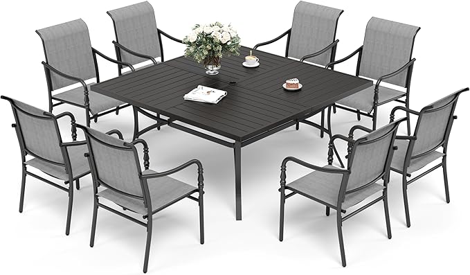 Patio Table and Chairs Set of 8, All-Weather Breathable Textilene Patio Chair with Gourd-Shaped Armrests, 60x60 Square Table with Umbrella Hole, 9 Pcs Metal Frame Patio Dining Set