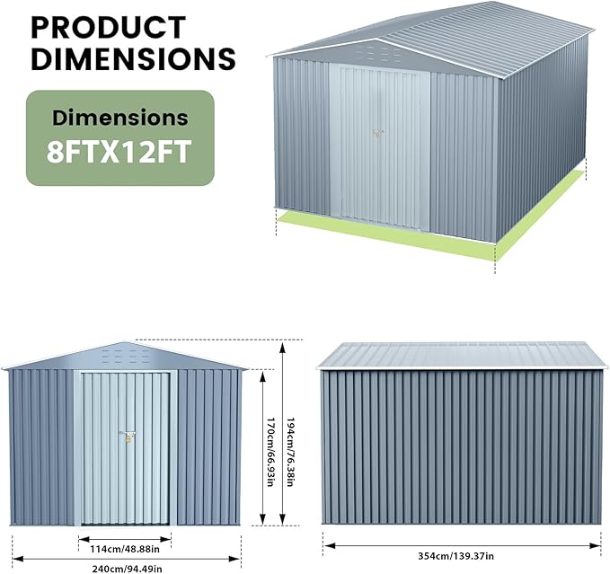 8x12 FT Outdoor Metal Storage Shed, Large Metal Storage Sheds with Sturdy Frame Structure, Garden Tool Shed with Lockable Door for Garden, Lawn, Backyard, Gray