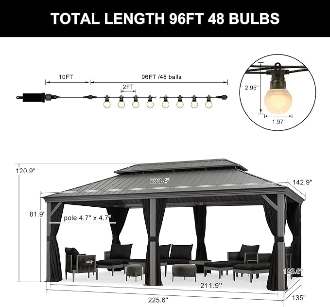 PURPLE LEAF Hardtop Gazebo 12' x 20' Gazebo with Galvanized Steel Double Roof and Aluminum Frames All Weather Wind Resistance Heavy Duty Large Pavilion Gazebos for Patio Deck Garden, Light Grey