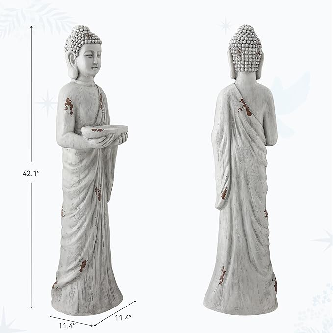 Zen Garden Asian Buddha Statue, 42.1" Large Outdoor Yard Sculpture,Durable Magnesium Oxide Stone Decor for Patio, Yard,Indoor Spaces, Antique White