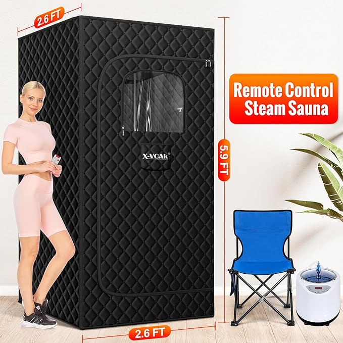 Upgraded Sauna Box for Relaxation, Detoxification, Portable Sauna for Home with Steamer, Remote Control, Folding Chair, 9 Levels, 2.6’ x 2.6’ x 5.9’