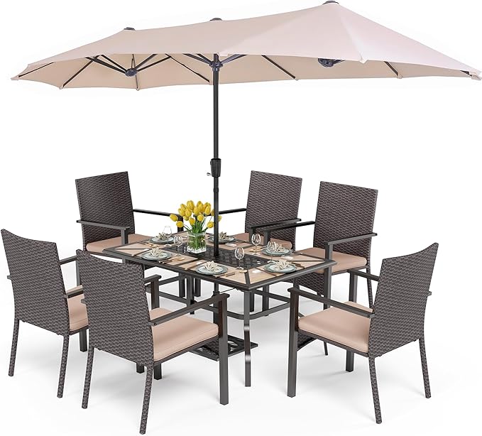 PHI VILLA 7 Pieces Outdoor Dining Set with Umbrella for 6, Rectangular Wood-Top Metal Table & Wicker Chairs with Cushions & 13ft Beige Umbrella, Modern Dining Furniture Set for Patio,Deck,Backyard