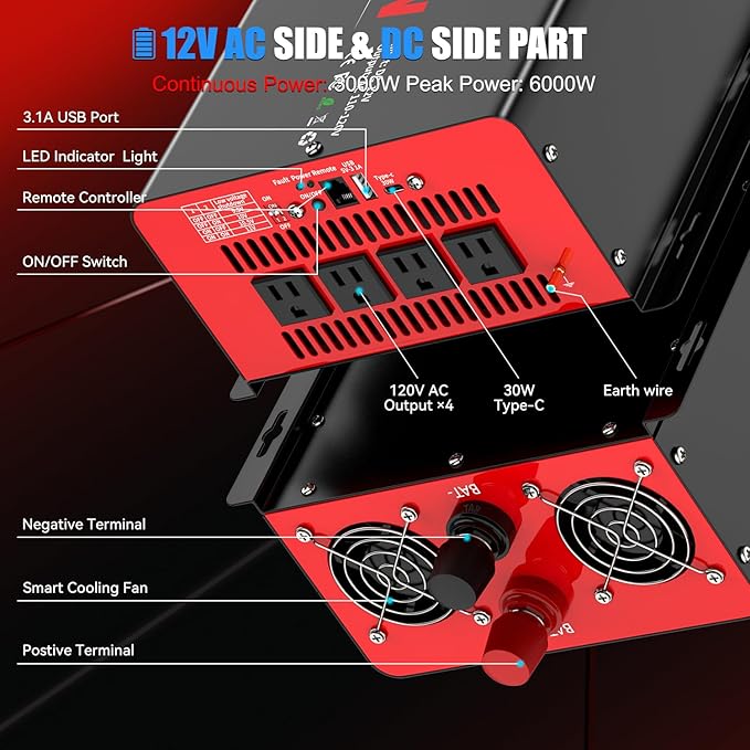 3000 Watt Power Inverter 12V DC to 110V AC Car Inverter with 4 AC Outlets, 30W Type-C Port, 3.1A USB Port, Remote Controller on LCD Screen, Power Converter for Truck, Home, Vehicles,Trip
