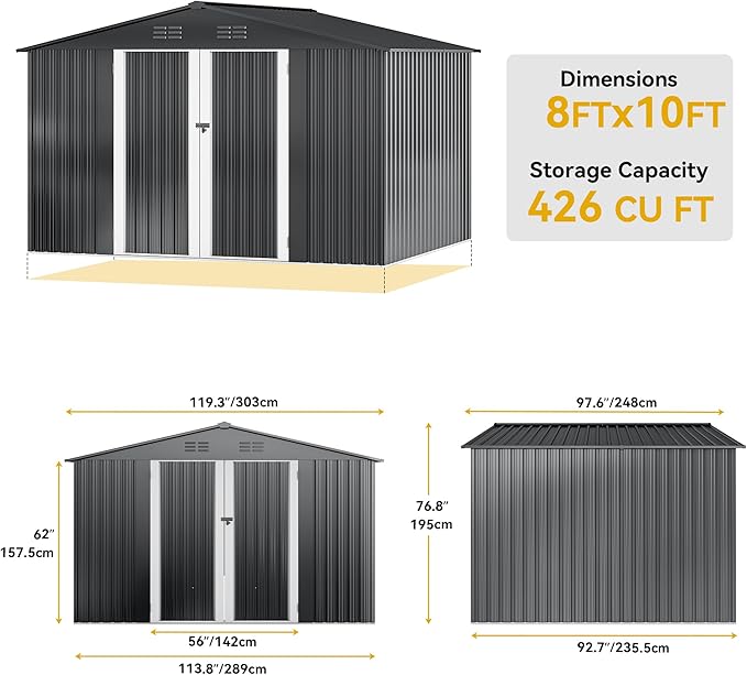 DWVO 10x8 FT Outdoor Storage Shed - Spacious Garden Tool Shed with Lockable Door - Durable Metal Yard Shed for Garden, Patio, and Backyard (Dark Gray)