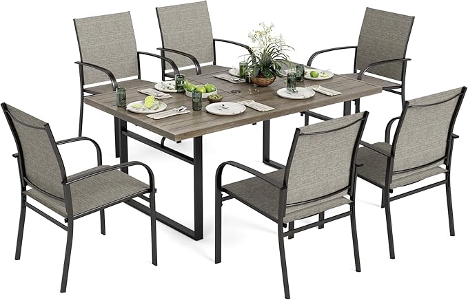 7-Piece Outdoor Dining Set 6 Brown Textilene Chairs and Steel Tabletop with Wood Grain Rectangle Table for Deck Garden Backyard Lawn Poolside