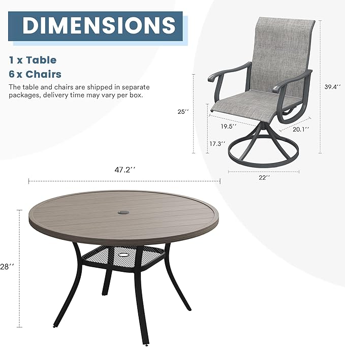 DIFY 7 Pieces Outdoor Patio Dining Set, 6 Grey Textilene Swivel Dining Chairs and 47.2" Grey Wood-Like Round Dining Table, Metal Outdoor Table and Chairs