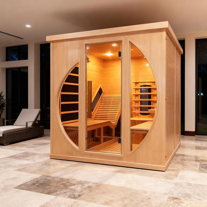 Infrared Sauna with Recliner, 2 Person Hemlock Wooden Dry Saunas with 220V/3400W, Indoor Home Sauna Spa with 9 Heating Panels, Bluetooth Speaker, 7 Color Lights, Oxygen Bar