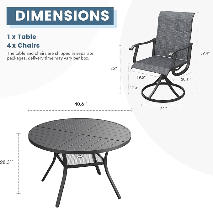 DIFY 5 Pieces Outdoor Patio Dining Set, 4 Dark Grey Textilene Swivel Dining Chairs and 40.6" Black Round Metal Dining Table, Outdoor Table and Chairs