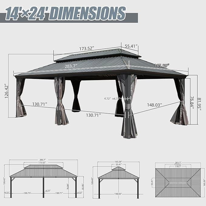 Domi 14' X 24' Hardtop Gazebo Large Outdoor Metal Gazebo Canopy with Galvanized Steel Double Roof, Aluminum Frame, Curtains and Netting for Patio, Deck, Garden, Grey