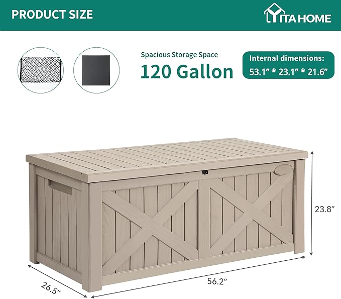 YITAHOME 120 Gallon Large Deck Box with X-Shaped Front, Resin Outdoor Storage Boxes, Waterproof Cushion Storage Bench for Patio, Pool Supplies, Garden Tools - Lockable, Taupe