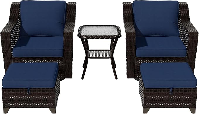 Vista Vibe 5 Pieces Outdoor Rattan Patio Conversation Furniture Set - 360 Degree Swivel Glider Rocker Chairs | Coffee Table | 2 Wicker Ottomans, Premium & Washable Cushions, Terrace (Brown/Navy)