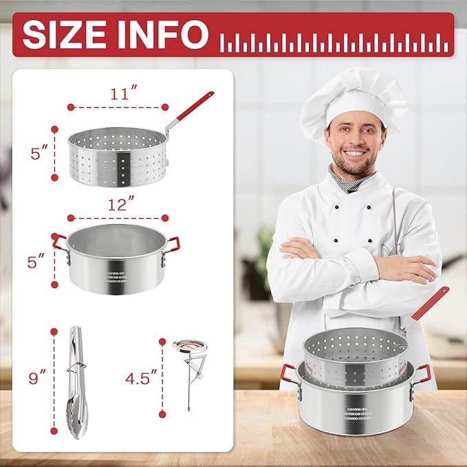 10QT Aluminum Fish Fryer Pot | with Lid & Tong | Deep Fryer with Basket | Indoor & Outdoor Cooking | All-Round Protection | Accessory Gift Pack | Perfect For Boiling & Frying