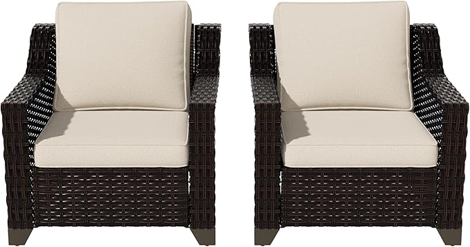 Vista Vibe 2 Pieces Outdoor Armchairs, Patio Conversation Furniture Set, Washable Cushions, Luxurious Hand-Woven PE Rattan, Garden, Bistro, Deck, Backyard (Brown/Beige)