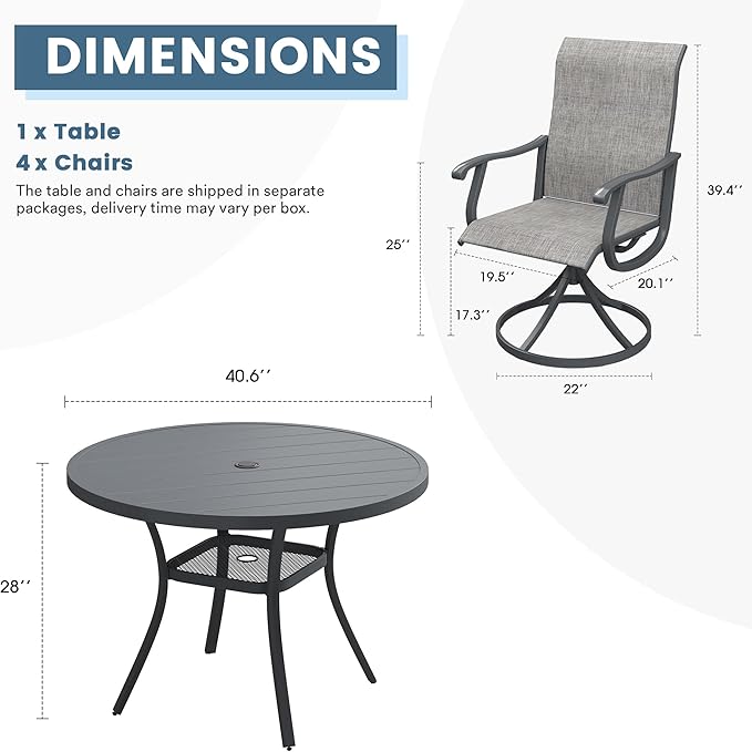 DIFY 5 Pieces Outdoor Patio Dining Set, 4 Grey Textilene Swivel Dining Chairs and 40.6" Grey Round Dining Table, Metal Outdoor Table and Chairs