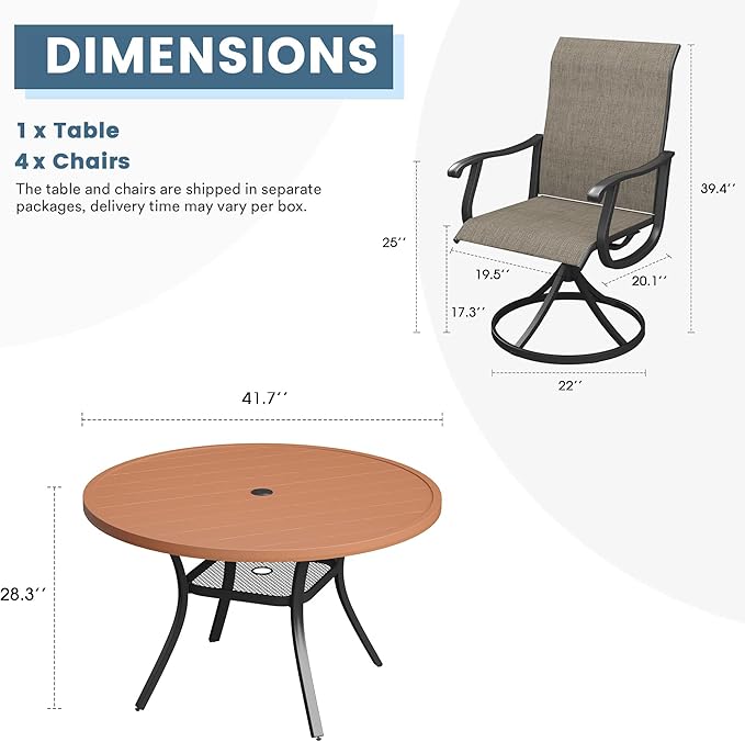 DIFY 5 Pieces Outdoor Patio Dining Set, 4 Brown Textilene Swivel Dining Chairs and 41.7" Walnut Round Dining Table with Faux Wood Top, Outdoor Table and Chairs
