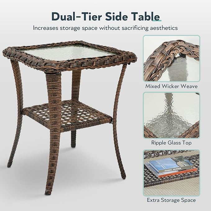 Outdoor Swivel Glider Chairs - 3 Pieces Hollow Widen Armrests Wicker Patio Furniture Set with Side Table, High Back Outside Swivel Rocker for Balcony Porch Deck and Yard - Brown/Blue