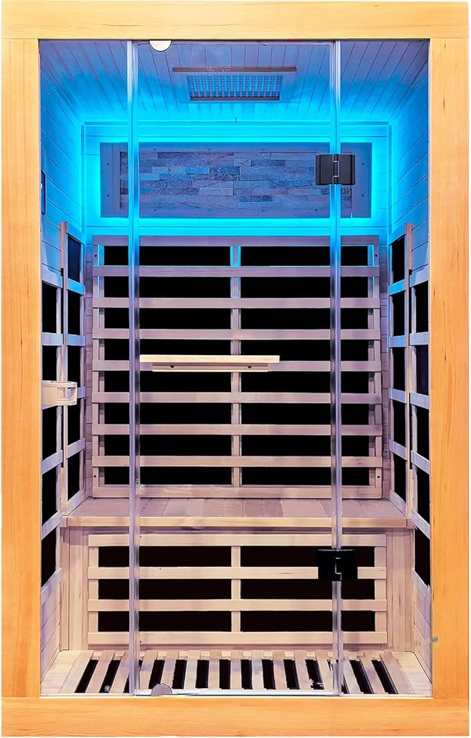 Infrared Sauna 2000W Wooden Saunas Home Spa Room Canadian Hemlock Wood Low-EMF Indoor Saunas with with Red Light Beauty Lamp for Two Person 74.8 * 47.2 * 41.3Inch