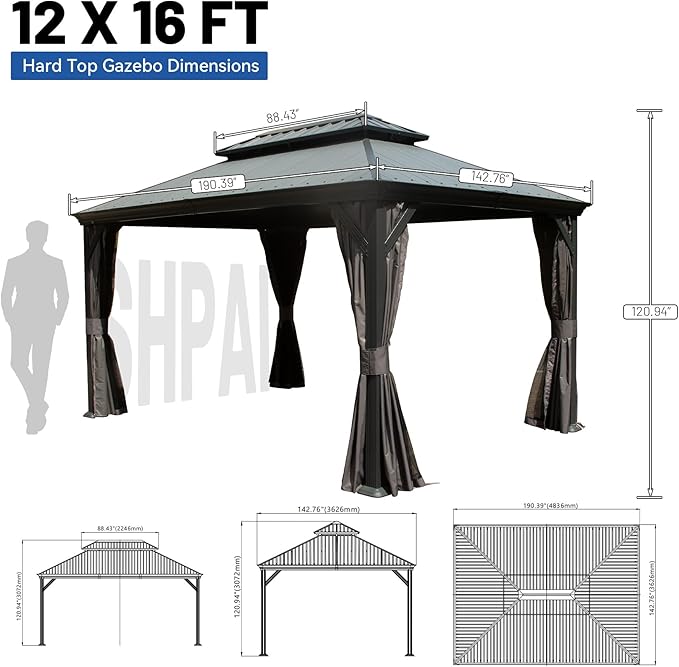Outdoor Hardtop Gazebo for Patio 12x16FT with Resin-Galvanized Steel Roof, Metal Hard Top Gazebo with Gutters, Heavy Duty Gazebos All Season with Curtains & Netting, for Deck, Backyard, Hot Tub