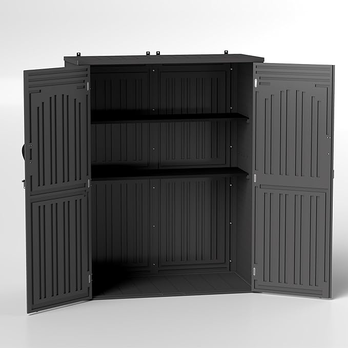 4.5 x 5.7 FT Outdoor Storage Shed, 59 Cuft Outside Waterproof Storage Cabinet, HDPE Resin Plastic 385 Gallon Outdoor Storage Container, Vertical Lockable Storage Shed, Grey