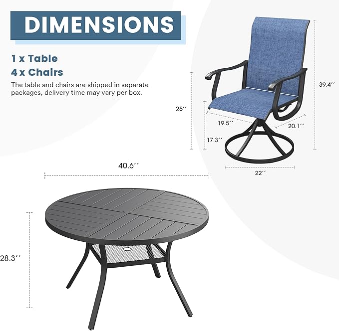 DIFY 5 Pieces Outdoor Patio Dining Set, 4 Blue Textilene Swivel Dining Chairs and 40.6" Black Round Metal Dining Table, Outdoor Table and Chairs
