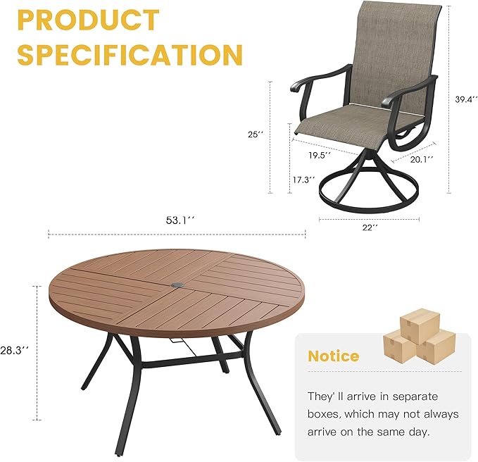 VICLLAX 7 Pieces Patio Dining Set for 6, Outdoor Furniture Set Includes 53" Outdoor Round Table and 6 Patio Swivel Chairs for Lawn Garden, Walnut Tabletop and Mixed Brown Fabric